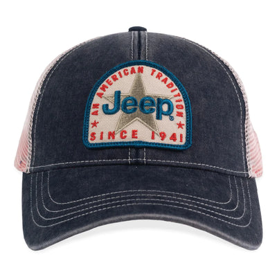 Heavy Washed Cotton Twill Front with Jeep® Logo Embroidered Patch, Super Soft White Mesh Back, and Plastic Snap Closure Jeep Hat