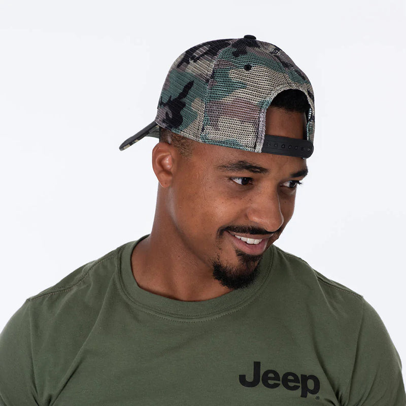 Fabric Front with Woven Jeep® Patch,Camo Soft Mesh Back, and Plastic Snap Closure Jeep Hat—Woodland Camo