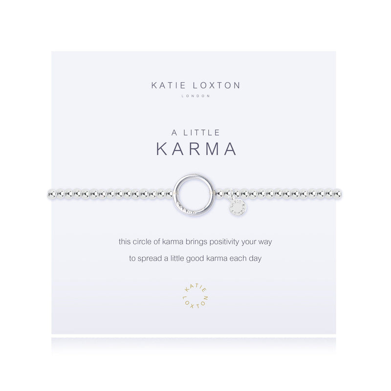 Silver-plated bracelet with karma circle charm on a positivity message card from Katie Loxton’s A Little collection.

