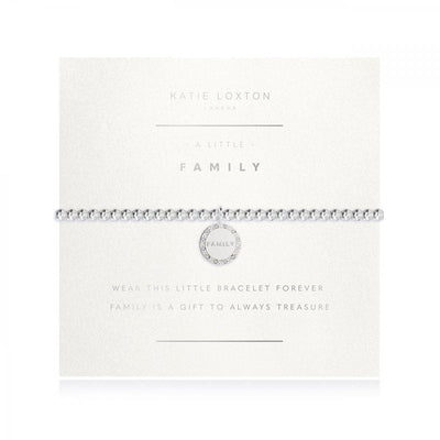 features a rose gold wine glass charm and is presented on a branded card with the "a little family" title in rose gold.