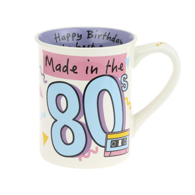 Novelty Coffee Mugs: Front Of White Mug Has "Made In The 80's" Written On It Surrounded By Wavy Lines,