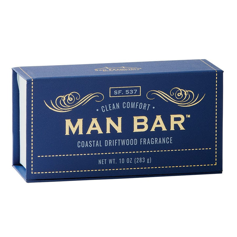 Man Bar, Clean Comfort, and Coastal Driftwood in a Leather-Textured Box