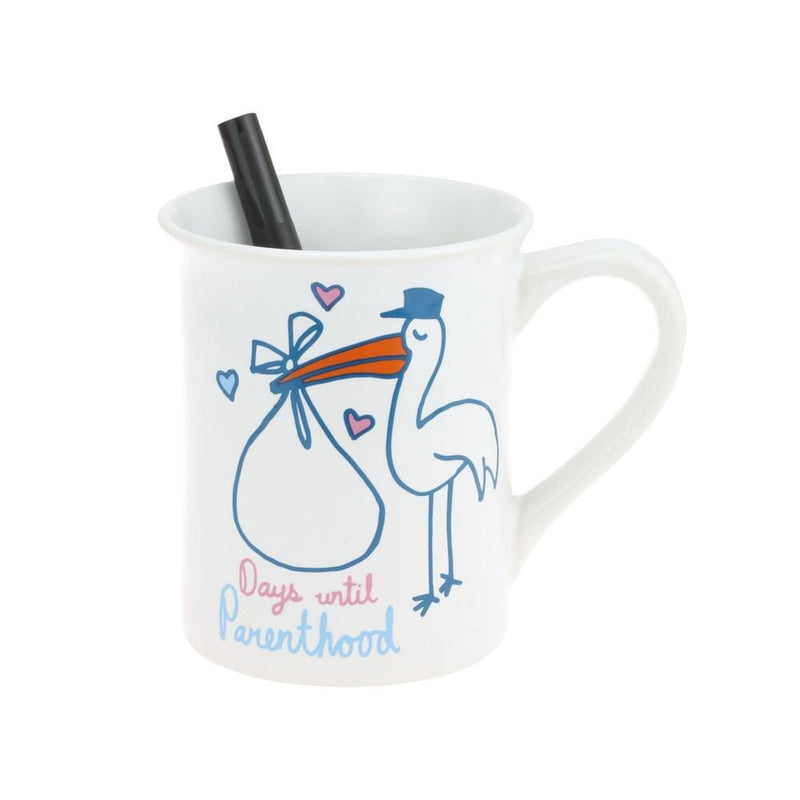 mug designed for new parents, and it comes with a dry erase pen.