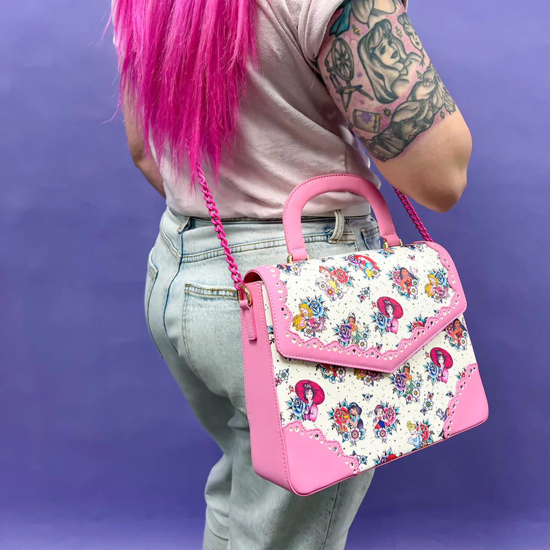 Disney Princess: Floral Tattoo: Crossbody with a pink-colored ombre chunky chain shoulder strap and lacy