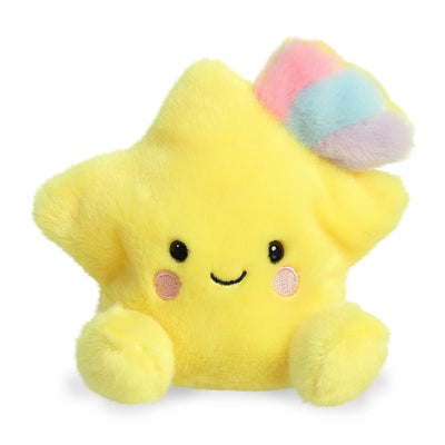 Yellow stuffed star toy with rainbow colored tail and smiley face