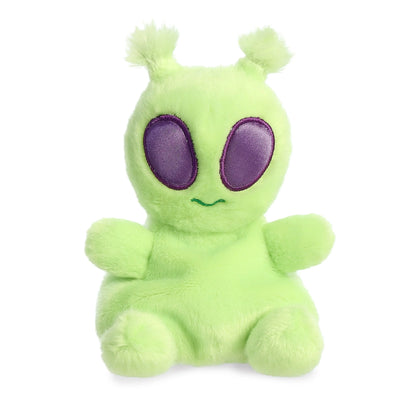 Green plush alien with big, purple eyes and stitched smile