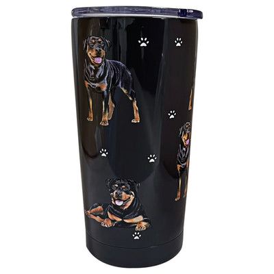 16oz stainless steel tumbler with 3D Rottweiler dog design, spill-proof slider lid, and vacuum-insulated double