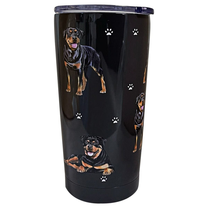 16oz stainless steel tumbler with 3D Rottweiler dog design, spill-proof slider lid, and vacuum-insulated double