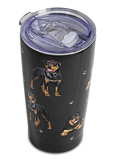 16oz stainless steel tumbler with 3D Rottweiler dog design, spill-proof slider lid, and vacuum-insulated double-wall construction