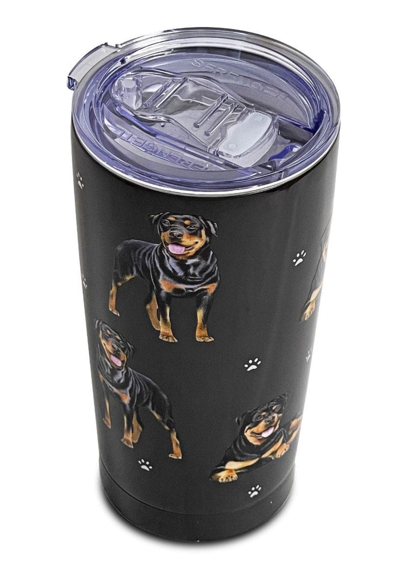 16oz stainless steel tumbler with 3D Rottweiler dog design, spill-proof slider lid, and vacuum-insulated double
