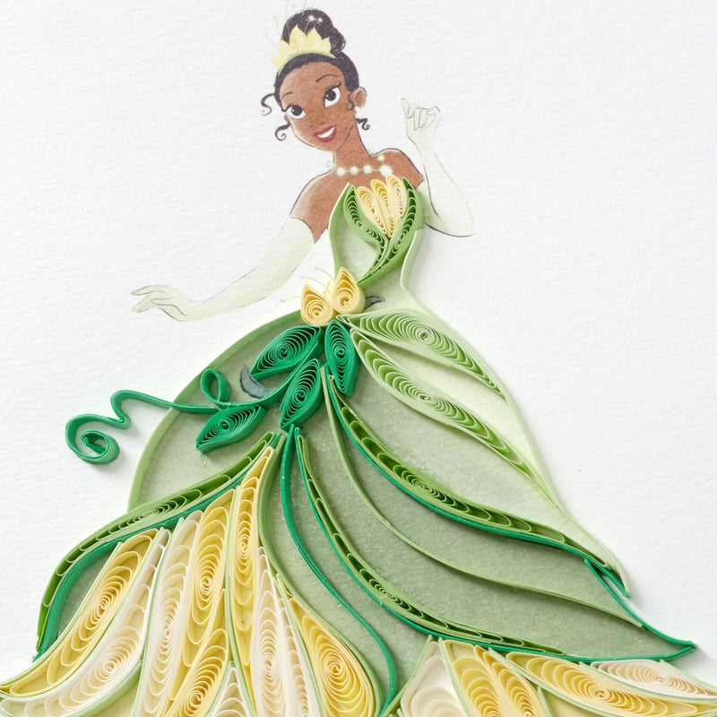 The greeting card features an intricate quilled paper design of Disney Princess Tiana.