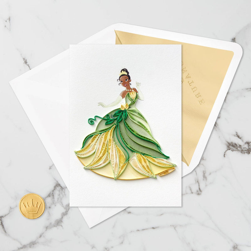 The greeting card features an intricate quilled paper design of Disney Princess Tiana.