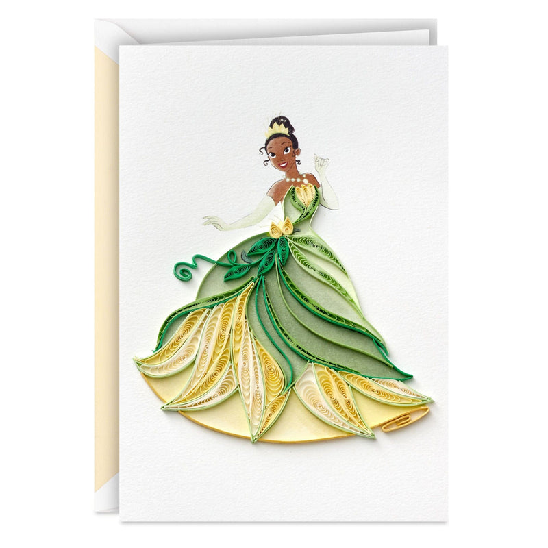 The greeting card features an intricate quilled paper design of Disney Princess Tiana.
