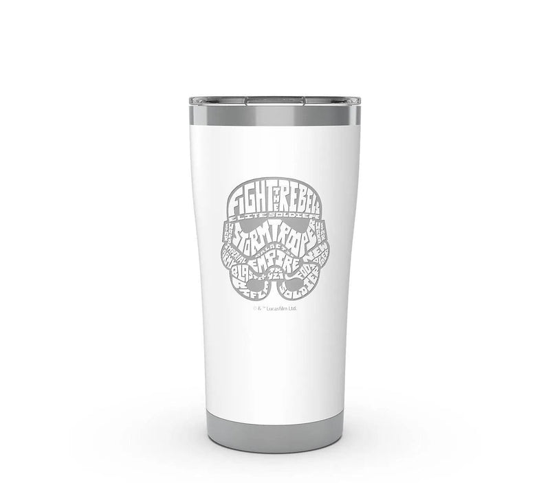 printed Star Wars: Stormtrooper Wordle Engraved directly on the stainless surface of Glacier White drinkware with plant-based inks. 