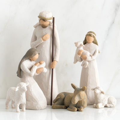 Six hand-painted resin figures; the tallest is 9.5"h. includes Mary, Joseph, the shepherd, the donkey, and two sheep.