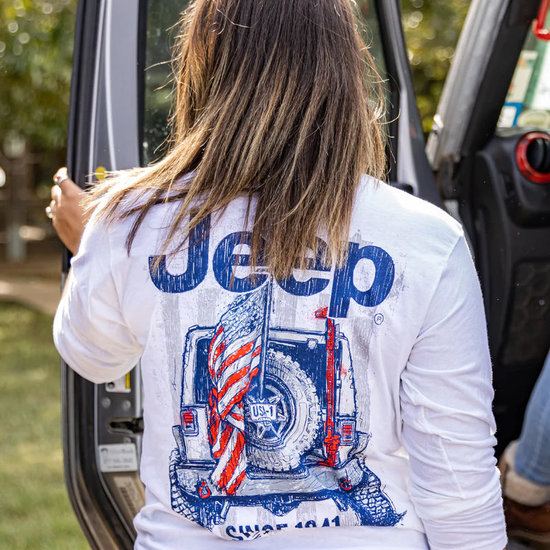 super-soft long sleeve Jeep shirt with the iconic Jeep logo down the right sleeve and on the left chest.