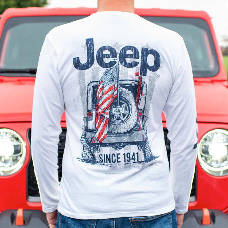 super-soft long sleeve Jeep shirt with the iconic Jeep logo down the right sleeve and on the left chest.