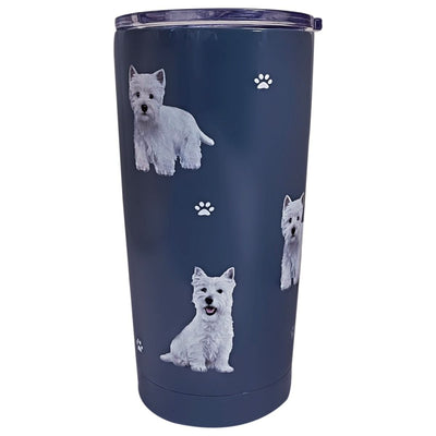 16oz travel tumbler with 3D printed Westie artwork, spill-proof lid, and insulated double-wall stainless steel design
