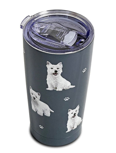 16oz travel tumbler with 3D printed Westie artwork, spill-proof lid, and insulated double-wall stainless steel design