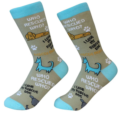 Unisex Who Rescued Who socks made with premium cotton, featuring repeated woven text and ultra-soft, high needle-count comfort for pet lovers.